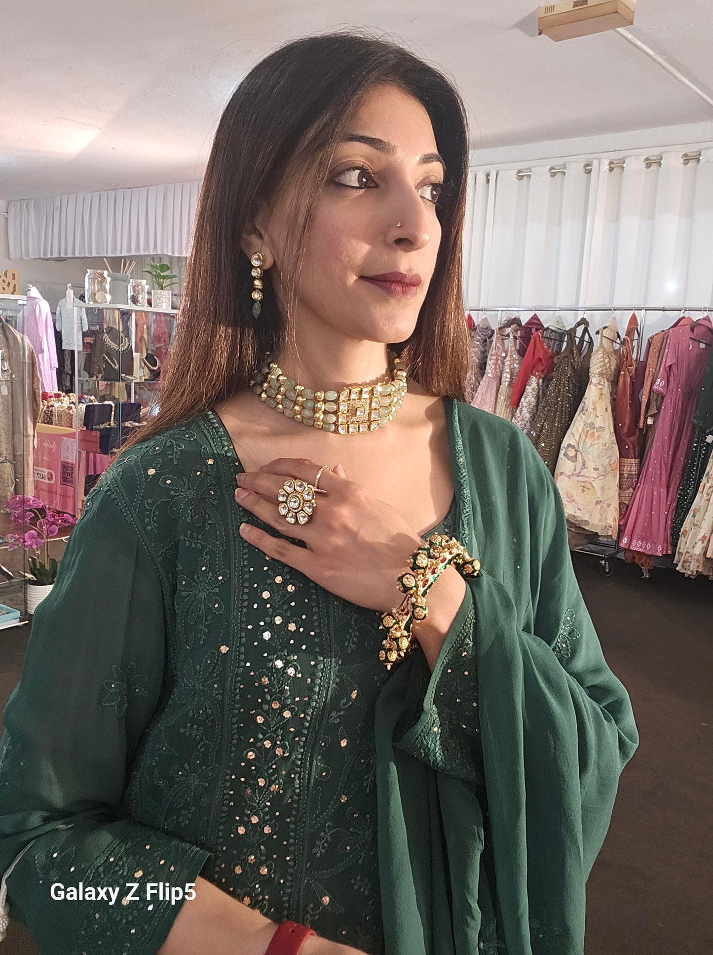 Bottle Green Georgette Lukhnowi Set