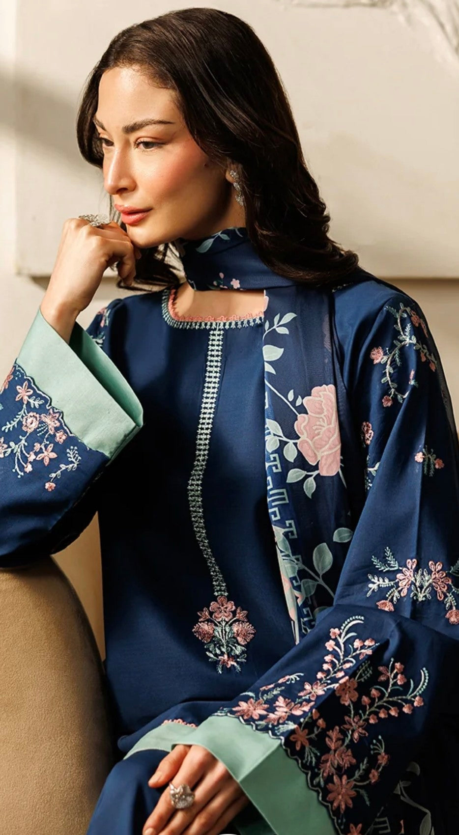 Navy Blue Lawn Suit Set