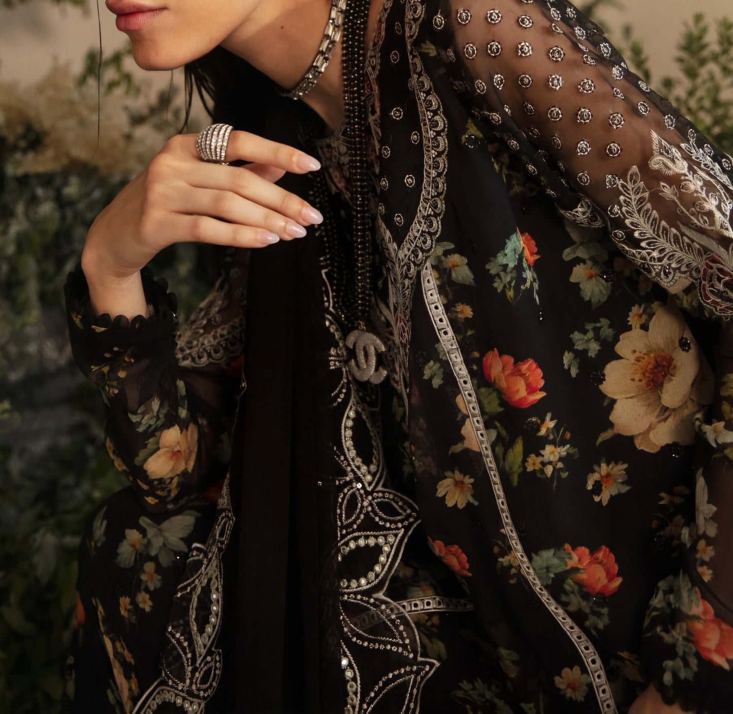 Floral Black Chiffon Suit