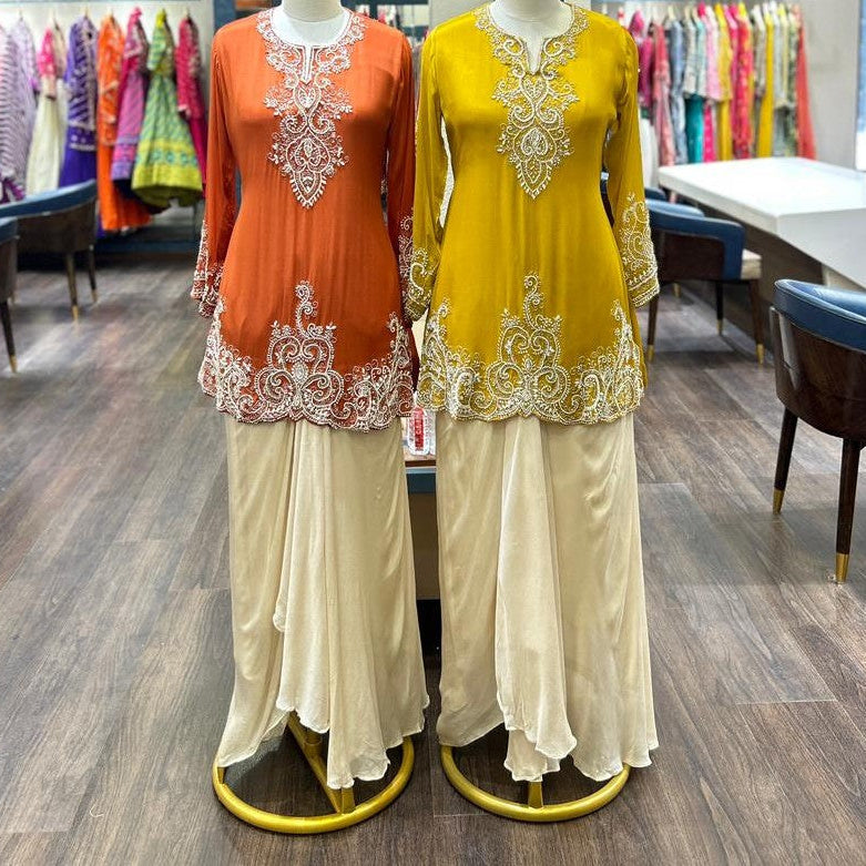 Long Sleeve Embroidered Kurti With Dhoti Skirt.
