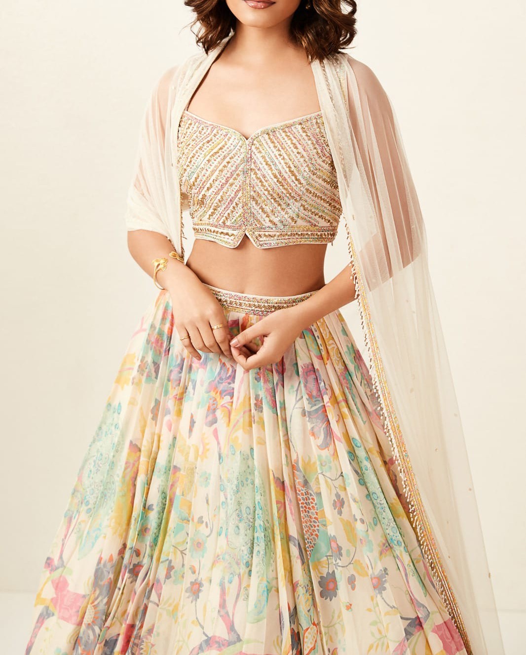 Ivory Floral Print Lehnga With Embroidered Blouse