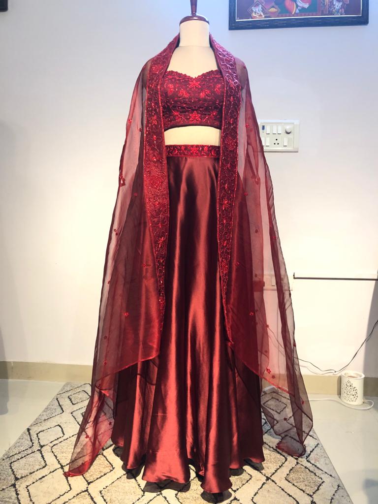 Red Satin Lehenga With Embroidered Blouse