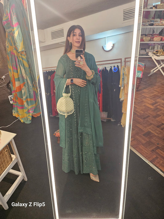 Bottle Green Georgette Lukhnowi Set