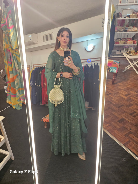 Bottle Green Georgette Lukhnowi Set