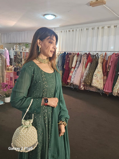 Bottle Green Georgette Lukhnowi Set