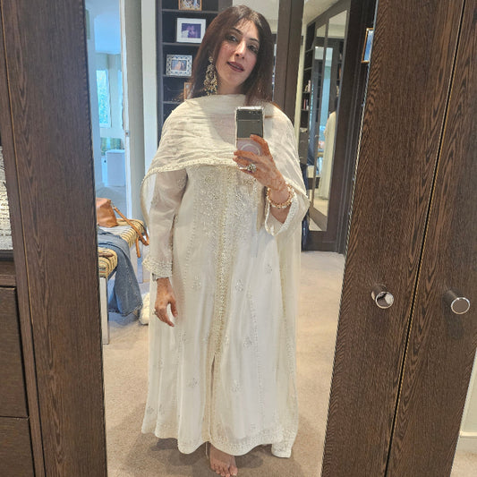 Angel White Cotton Net Anaarkali