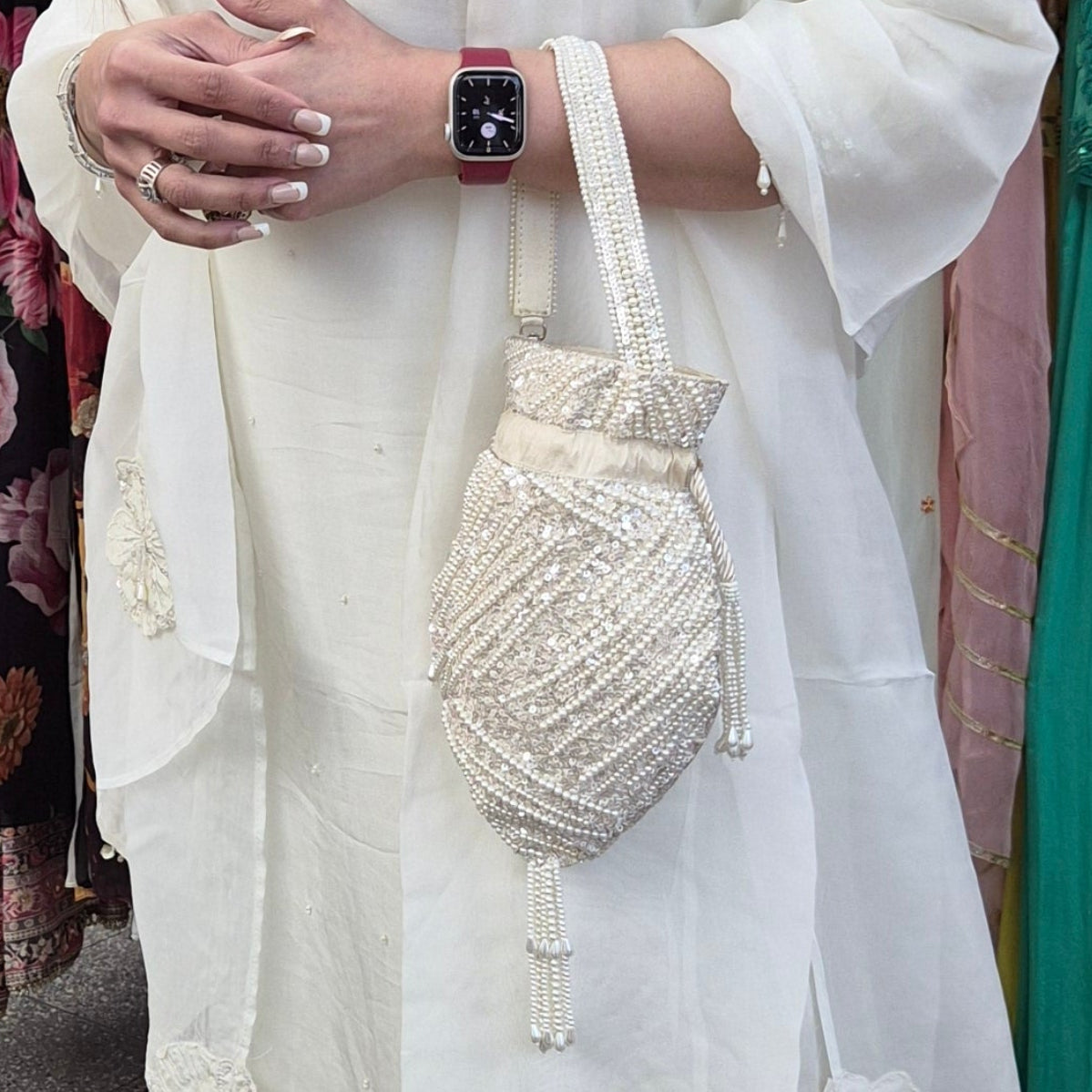 White Handwork Potli Bag