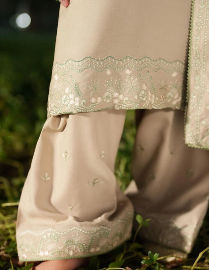 Beige Green Linen Faarshi Shalwar Set