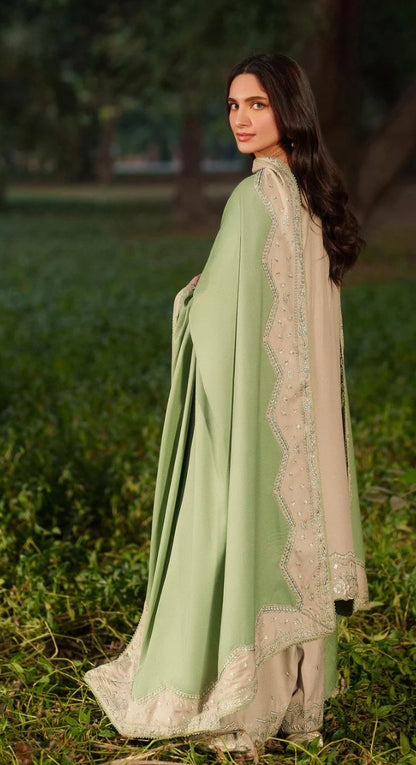 Beige Green Linen Faarshi Shalwar Set
