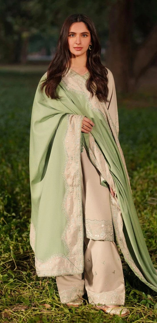 Beige Green Linen Faarshi Shalwar Set