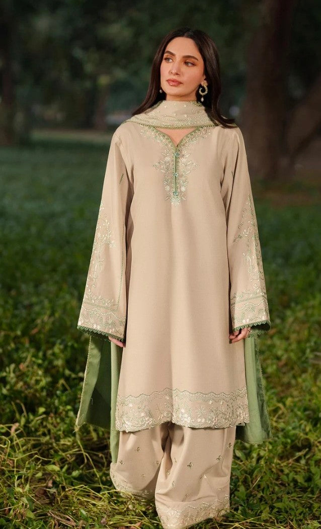 Beige Green Linen Faarshi Shalwar Set