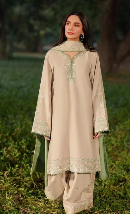 Beige Green Linen Faarshi Shalwar Set