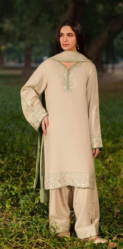 Beige Green Linen Faarshi Shalwar Set