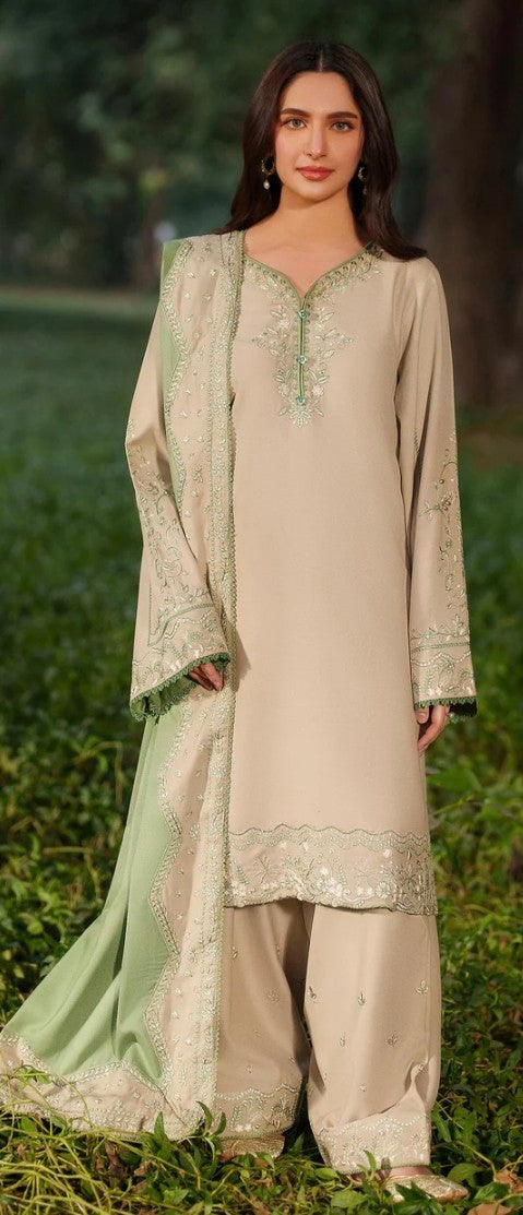 Beige Green Linen Faarshi Shalwar Set