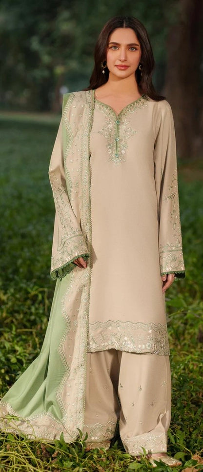 Beige Green Linen Faarshi Shalwar Set