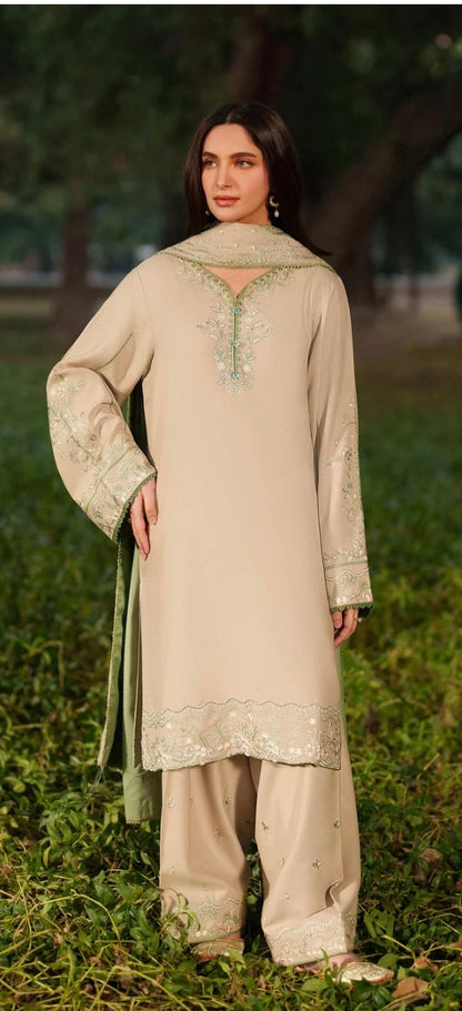 Beige Green Linen Faarshi Shalwar Set