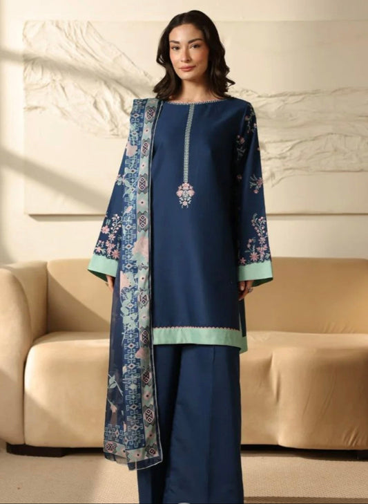 Navy Blue Lawn Suit Set