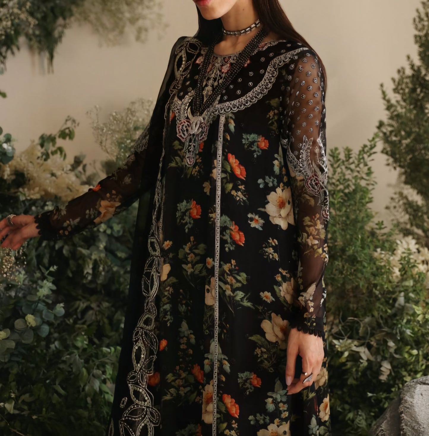 Floral Black Chiffon Suit