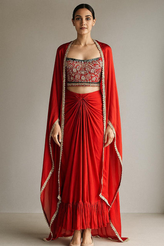 Red Crop Top With Dhoti Skirt Fusion Set