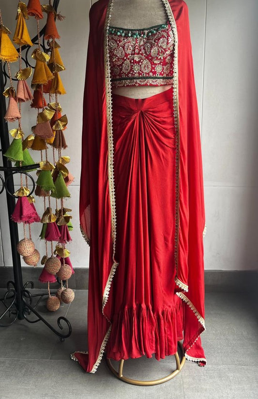 Red Crop Top With Dhoti Skirt Fusion Set