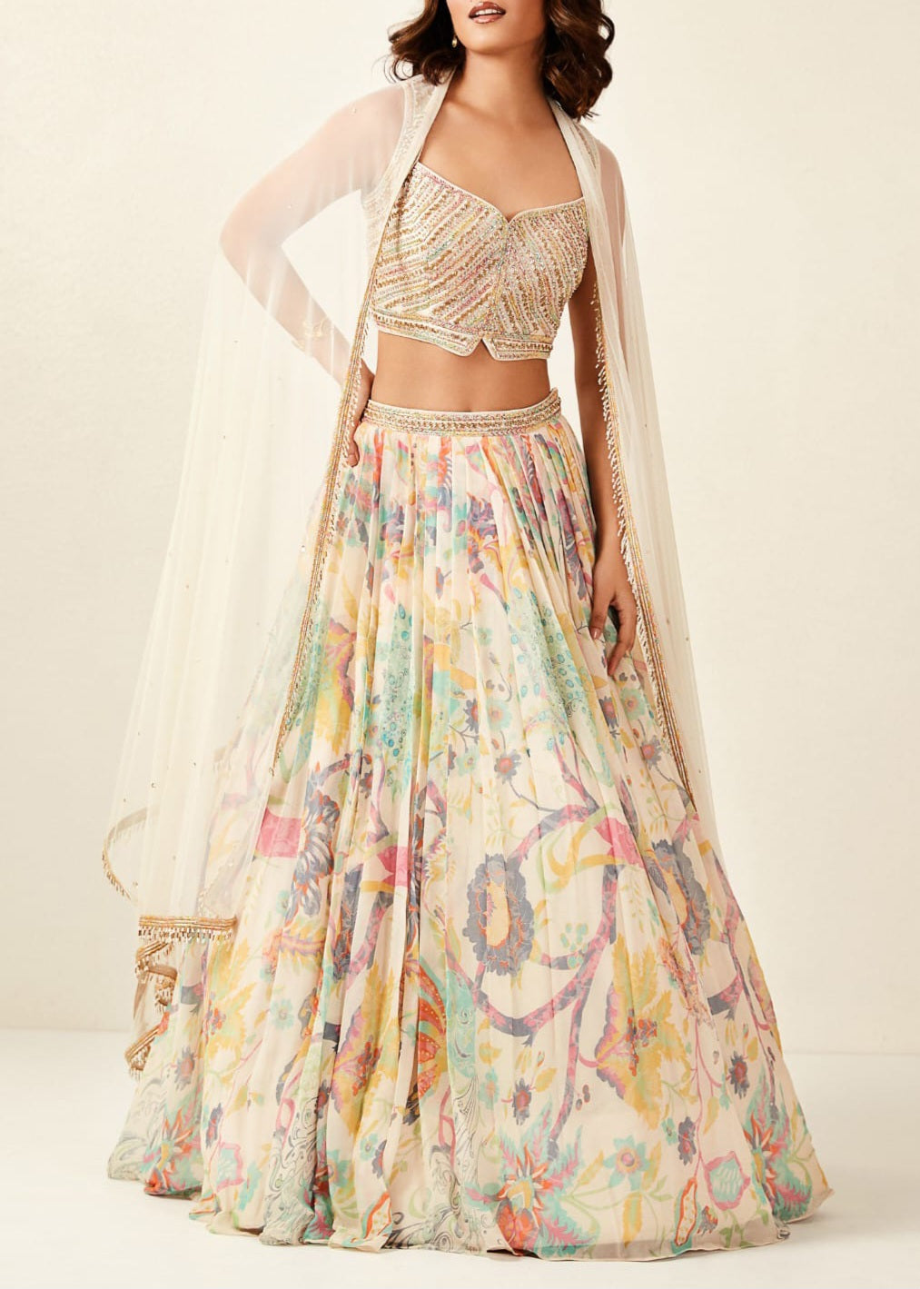 Ivory Floral Print Lehnga With Embroidered Blouse