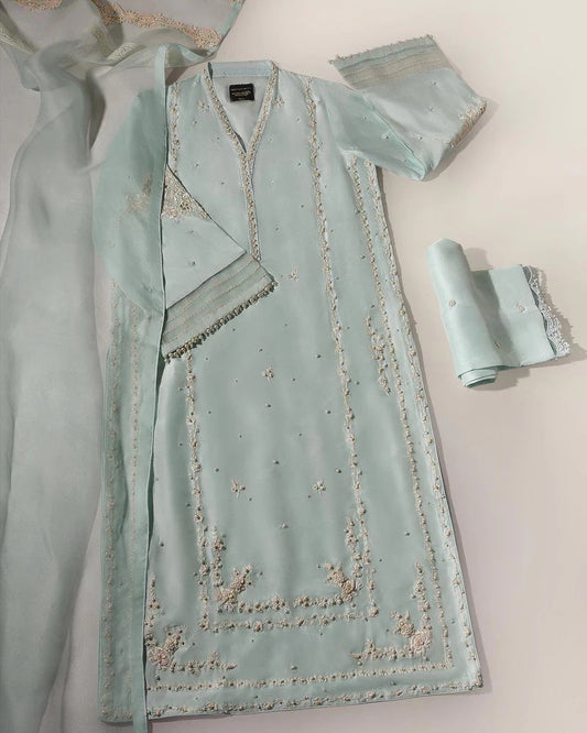 Mint Green Three Piece Raw Silk Set