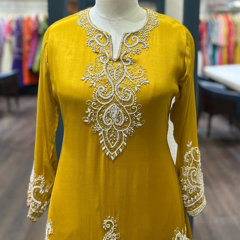 Long Sleeve Embroidered Kurti With Dhoti Skirt.