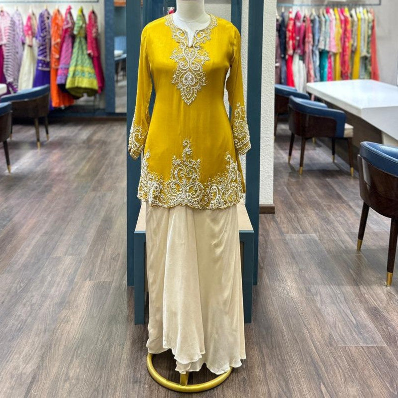 Long Sleeve Embroidered Kurti With Dhoti Skirt.