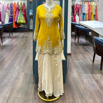 Long Sleeve Embroidered Kurti With Dhoti Skirt.