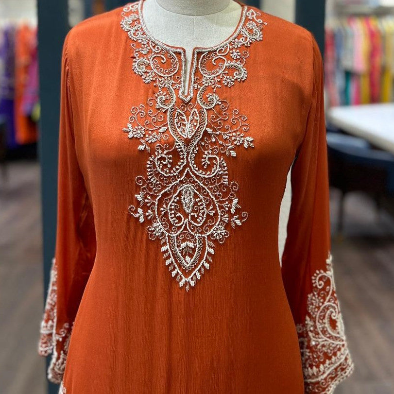 Long Sleeve Embroidered Kurti With Dhoti Skirt.