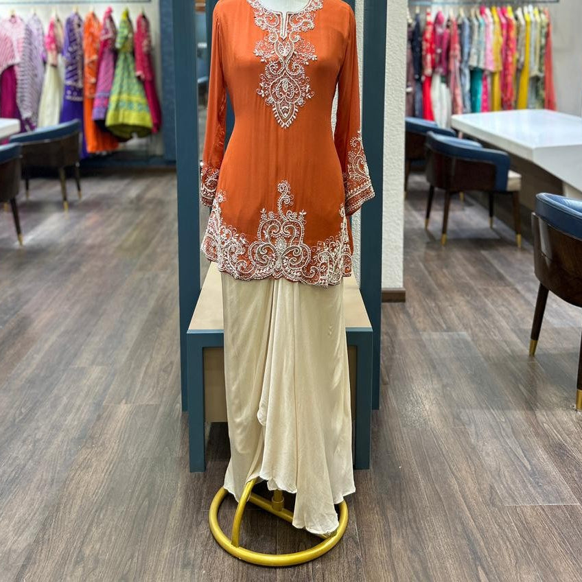Long Sleeve Embroidered Kurti With Dhoti Skirt.