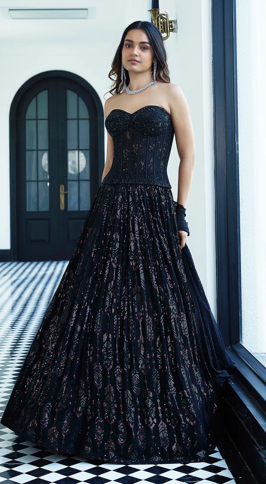 Black Sequin Corset Lehenga