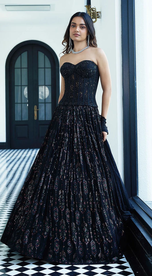 Black Sequin Corset Lehenga
