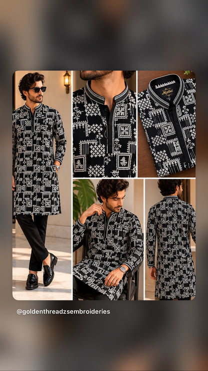 Black White Mens Kurta Set