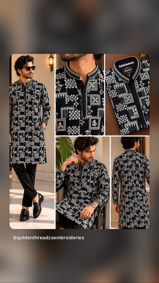 Black White Mens Kurta Set