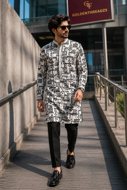 Black White Mens Kurta Set