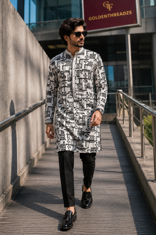 Black White Mens Kurta Set