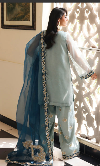 Contrast Blues Embroidered Farshi Suit Set