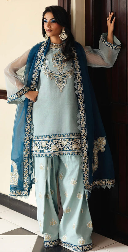 Contrast Blues Embroidered Farshi Suit Set
