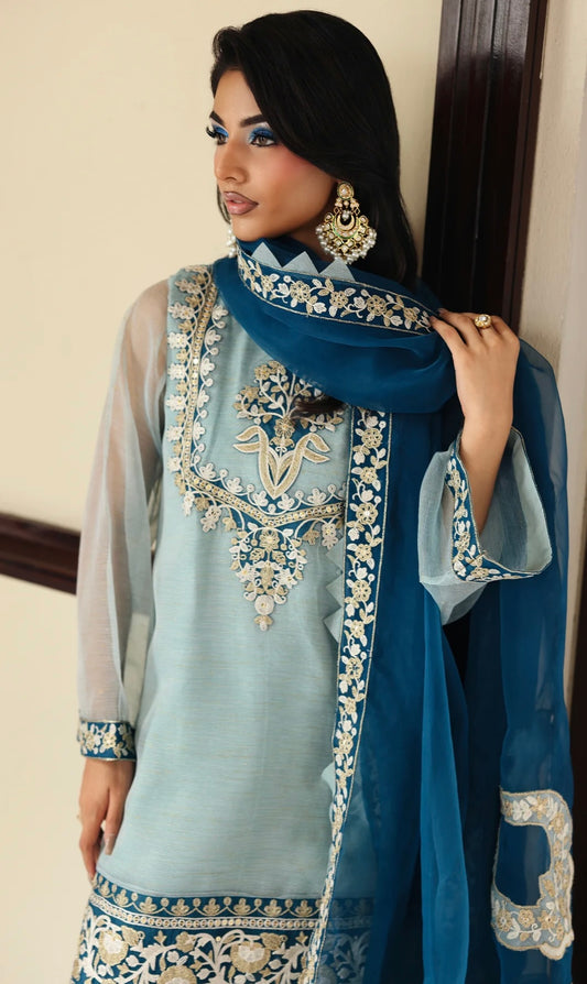 Contrast Blues Embroidered Farshi Suit Set
