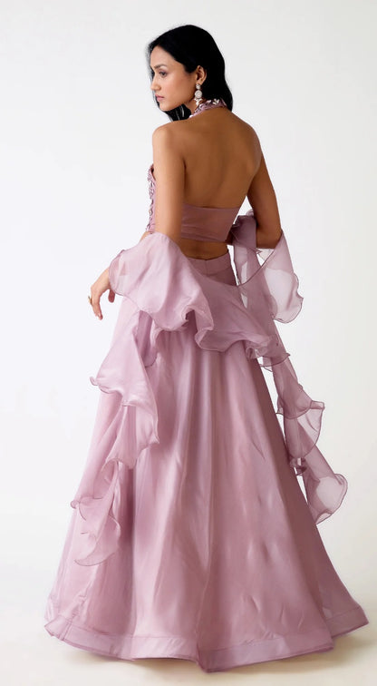 Lilac Halter Neck Tissue Silk Lehenga