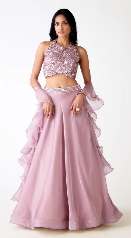 Lilac Halter Neck Tissue Silk Lehenga