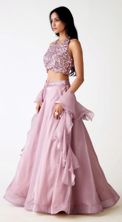 Lilac Halter Neck Tissue Silk Lehenga