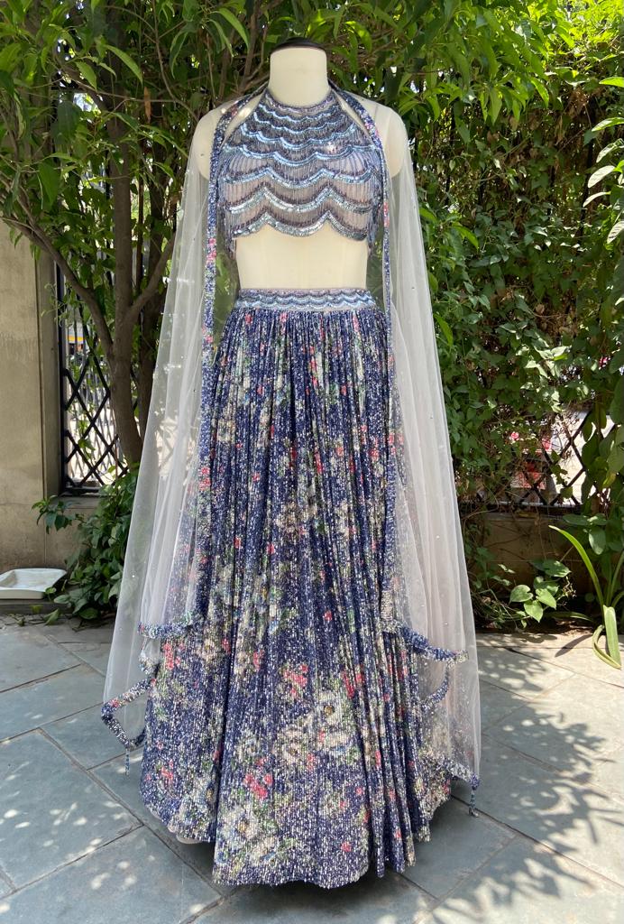 Multicolor Lehnga With Embroidered Halter Blouse