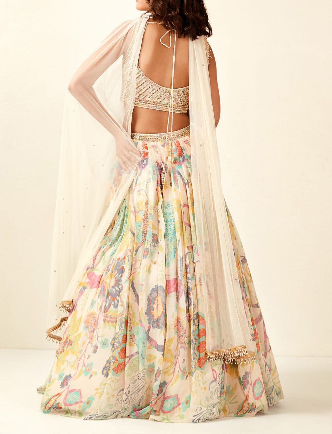Ivory Floral Print Lehnga With Embroidered Blouse