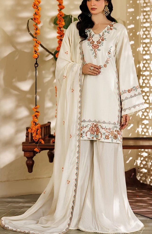 Off White Embroidered Sheesha silk Sharara