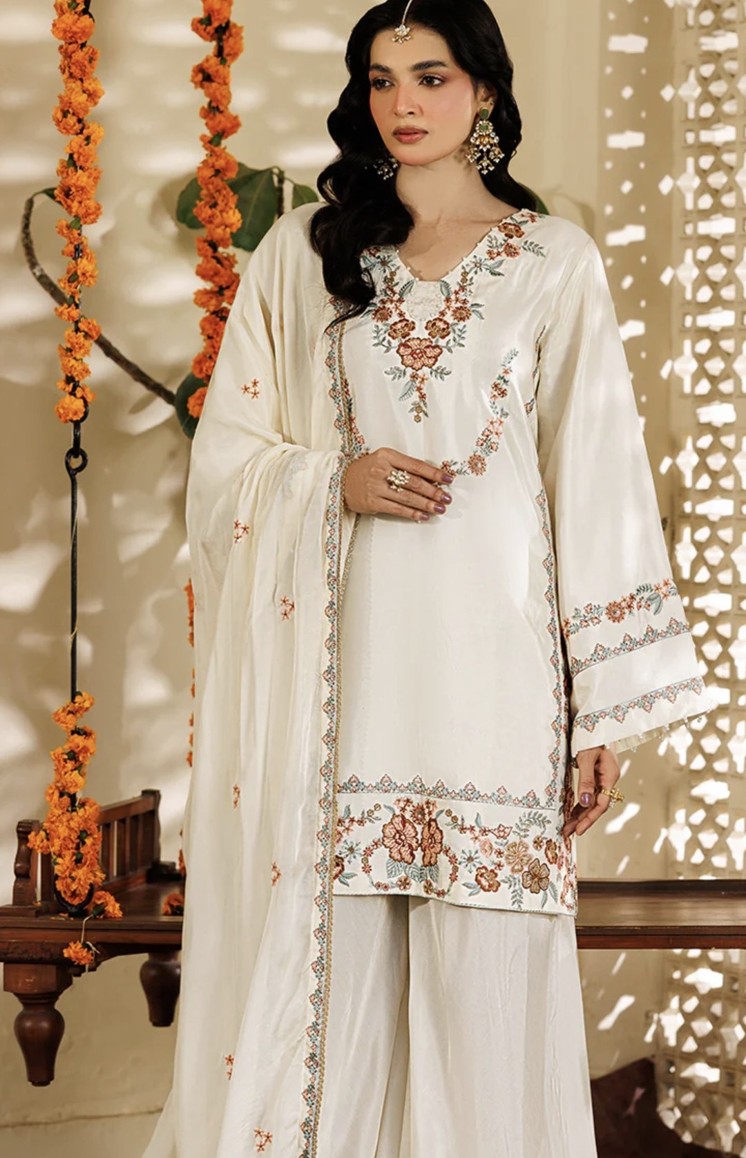 Off White Embroidered Sheesha silk Sharara