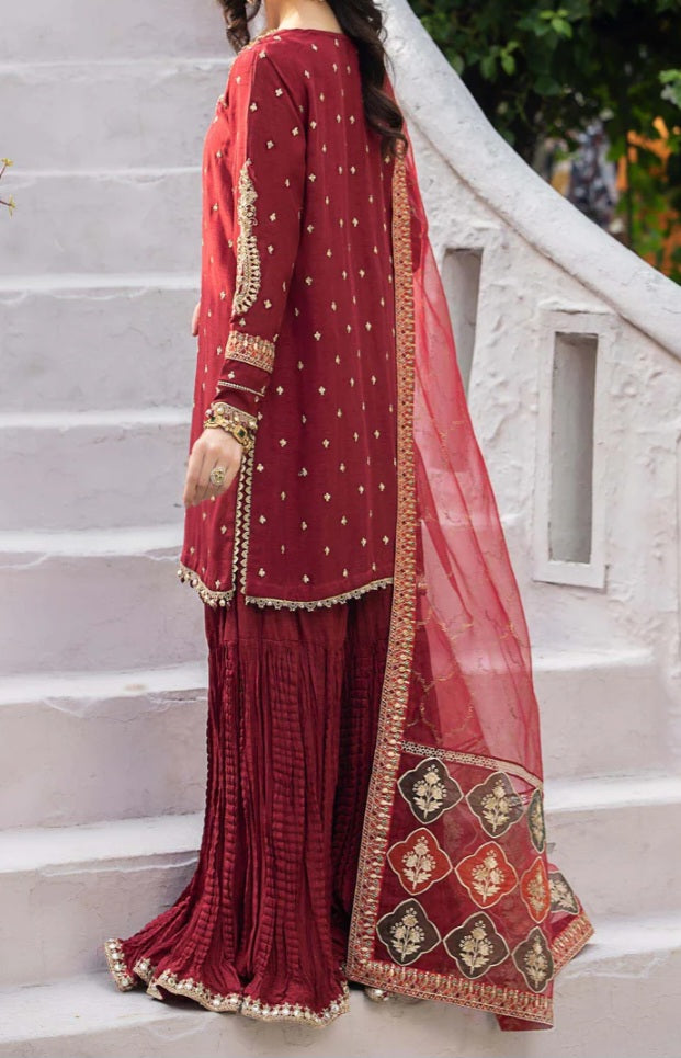 Maroon Crushed Raw Silk Gharara Set