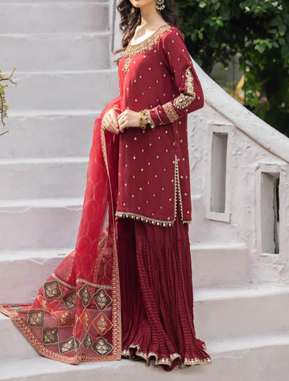 Maroon Crushed Raw Silk Gharara Set