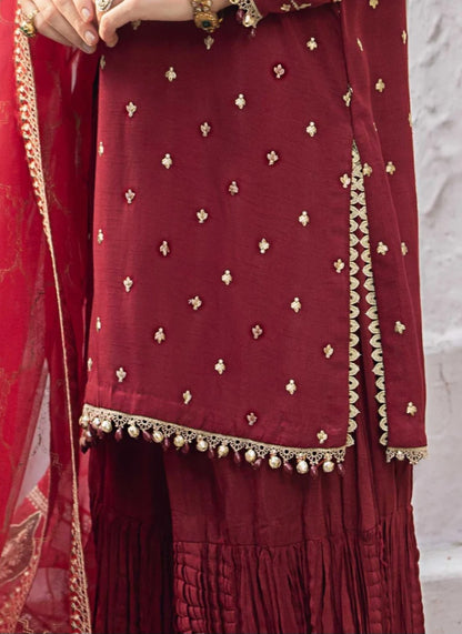 Maroon Crushed Raw Silk Gharara Set